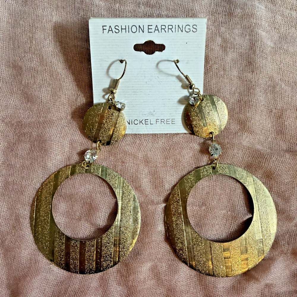Gold Tone Geometric Dangle Earrings Rhinestone Accent Nickel Free NOS 4”